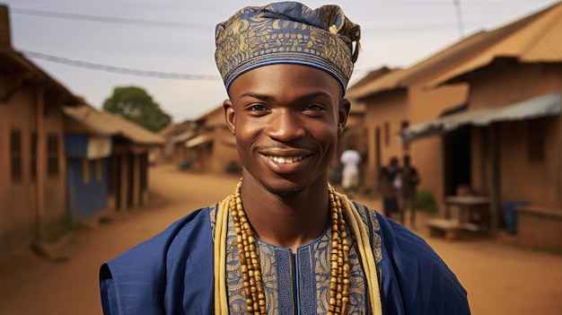 Rich Blues and Golds Young Man Embodies Nigerian Agbada Tradition