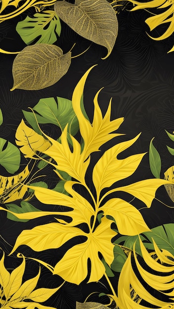 Rich Botanical Illustration Vibrant Yellow Monstera Leaf Pattern