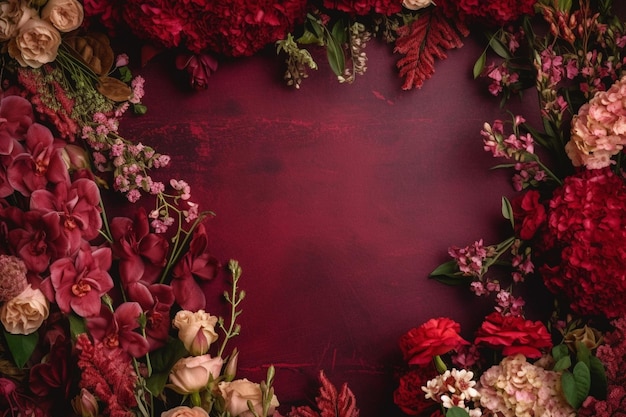 A rich burgundy background with an assorted flower border