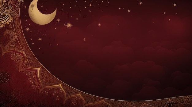 A rich burgundy and gold background with intricate geometric patterns and a striking crescent moon