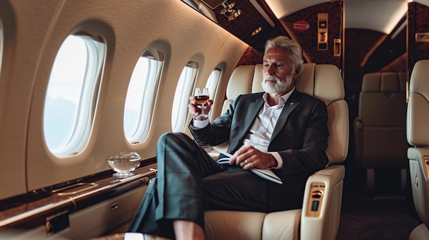 Photo a rich businessman sits relaxed on his private jet while holding a glass of wine
