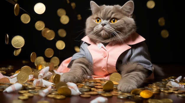 Photo rich cat sitting on a pile of money