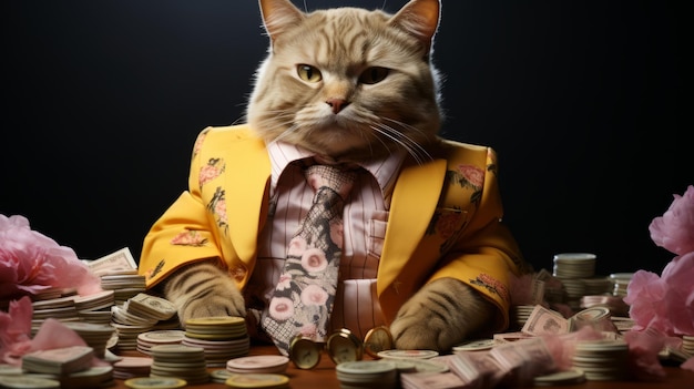 Foto gatto ricco in abito circondato da soldi
