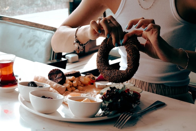 Photo rich and delicious turkish breakfast