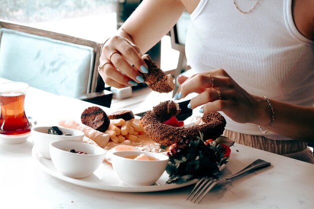 Photo rich and delicious turkish breakfast