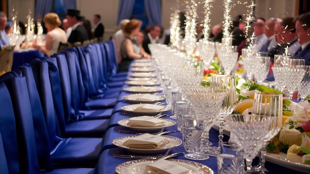 青い服と輝くガラスで覆われた豊かなディナーテーブル