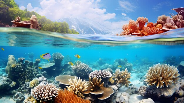 Rich healthy colorful coral reef in the shallow tropical ocean