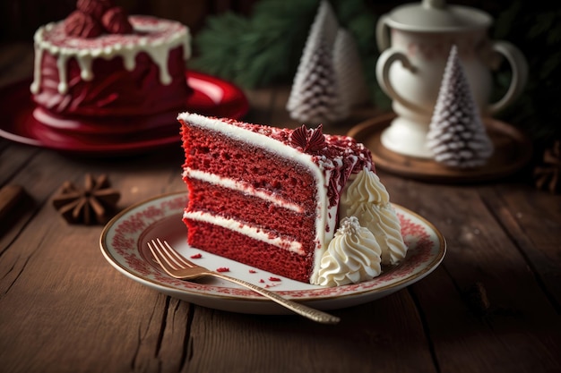 Rich homemade red velvet cake in plate on table for holiday created with generative ai