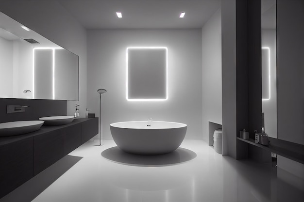 Rich interior decoration of bathroom interior with illumination\
and round sink