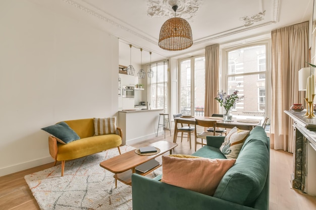 The rich interior of the living room of a modern house combined with a dining area kitchen