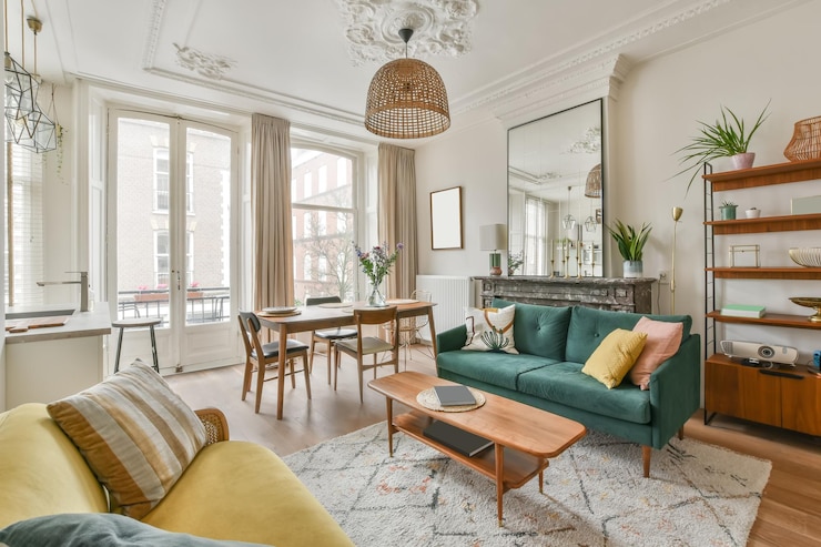 Photo the rich interior of the living room of a modern house combined with a dining area