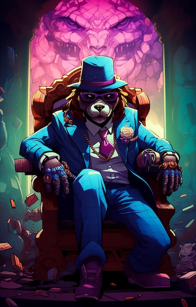 Rich king boss animal sitting on its throne wearing a classic purple suit and a lot of money fall a