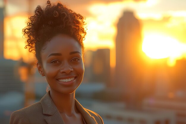 Rich and lucrative Black businesswoman standing on a boulevard flanked with skyscrapers at dusk Generative AI