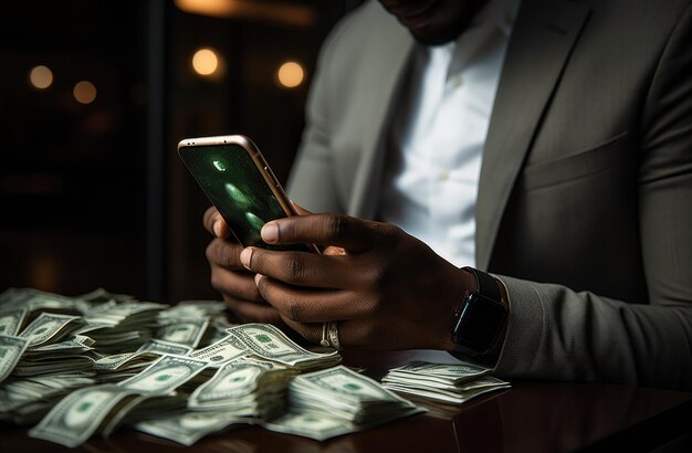 Photo rich man holding a smart phone and smartphone while looking at money