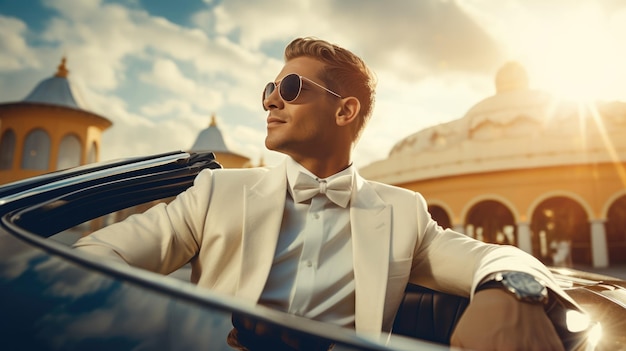 Photo rich man on luxury car luxury travel business tourism