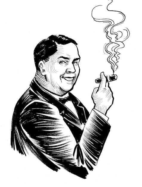 Foto uomo ricco che fuma un sigaro disegno in bianco e nero con inchiostro