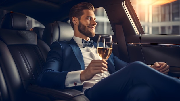 A rich man in a suit with a glass of wine in the car a limousine