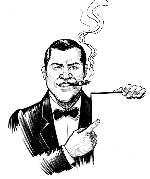 Rich man with a cigar pointing at blank sheet of paper ink illustration