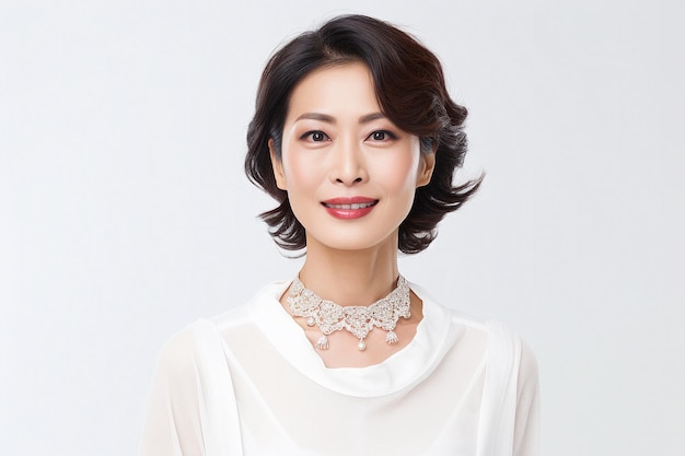 Rich mid aged Japanese lady wearing an elegant silver necklace on white background