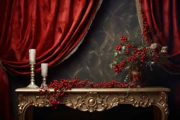 Foto ricche tende di velluto rosso, candele, piante e tavolo in oro antico su sfondo scuro vintage illustrazione ai generativa