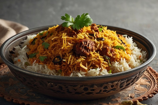 Foto una ricca porzione di biryani stratificato con aromatico basmat