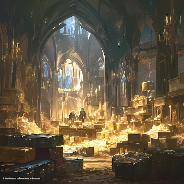 Rich Treasure Hoard in Dark Fantasy Cathedral