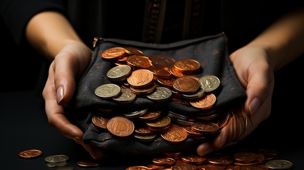 Rich young woman with golden coins in hands closeupgenerative ai