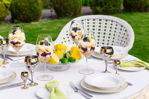 Richly decorated Banquet table with napkins with diamond ring at the Banquet