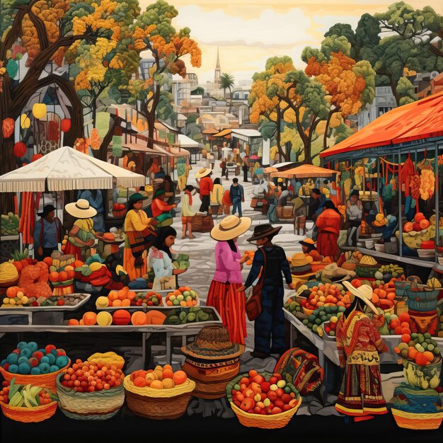 A richly embroidered tapestry portraying a traditional mexican market scene