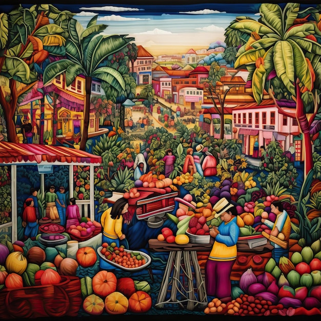 A richly embroidered tapestry portraying a traditional mexican market scene