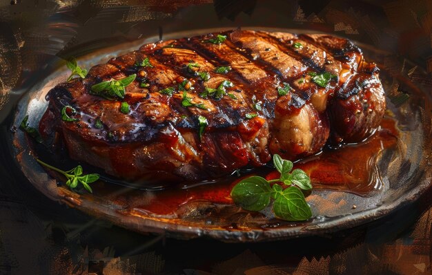 A richly glazed steak grilled to perfection with fresh herbs adding aromatic flavors