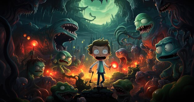 Rick and Morty running from an alien in he style of edgy caricatures anime