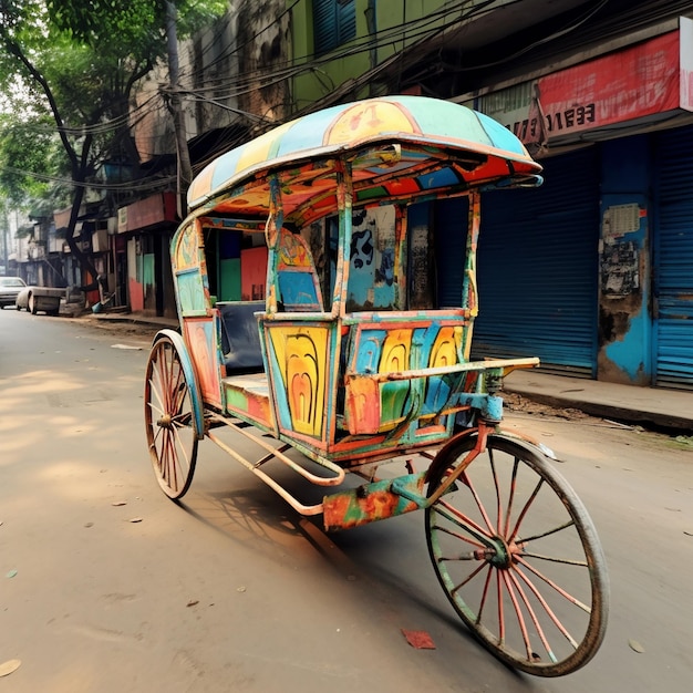 Photo a rickshaw with a colorful roof is driving down a street