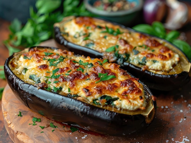 Ricotta en spinazie gevulde aubergine