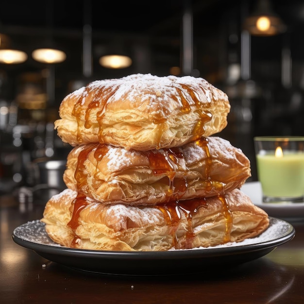 Ricotta and jelly pastry on a plate with volumetric lighting