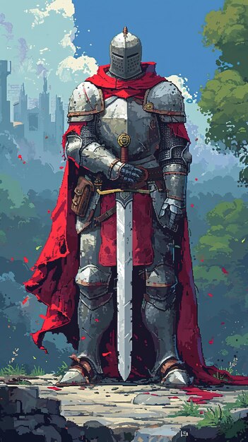 Ridder in harnas en rode mantel staat op de ruïnes van het kasteel pixel art game asset