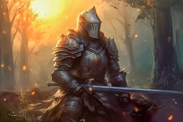 Ridder in het bos met een zwaard in zijn handen Fantasiescène Generatieve AI