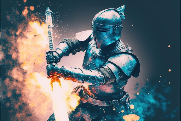 Ridder in ijzeren pantser zwaaiend met zijn magische bijl op het slagveld digitale kunststijl illustratie schilderij fantasie concept van een ridder met de bijl