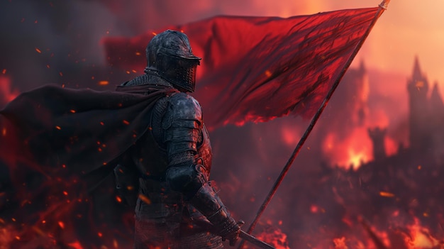 Ridder met vlag in harnas op slagveld Vonken op kasteelachtergrond Middeleeuwen Overwinning in de strijd op slagveld