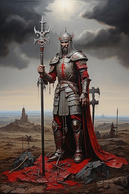 Ridder met zwaard op het slagveld met donkere wolken bloed en pijn van de oorlog