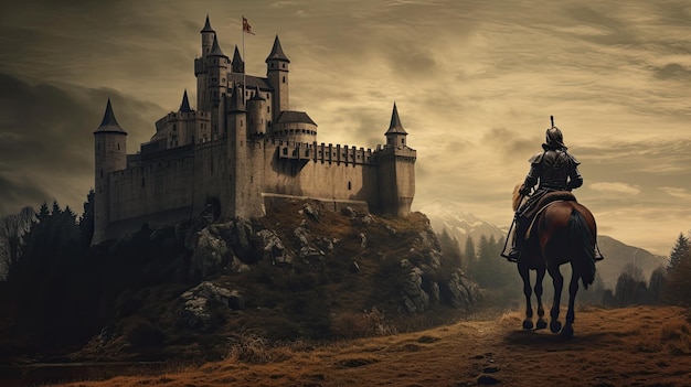 Foto ridder voor een middeleeuws kasteel fantasy achtergrond