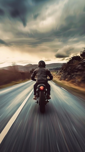 Rider cruising on a motorcycle under a cloudy sky