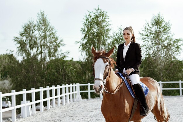 Rider elegant woman riding her horse outside