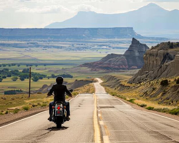 Rider on highway against vast landscape