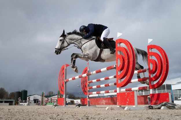 Photo a rider and his white horse jump over an obstacle in a show jumping competition