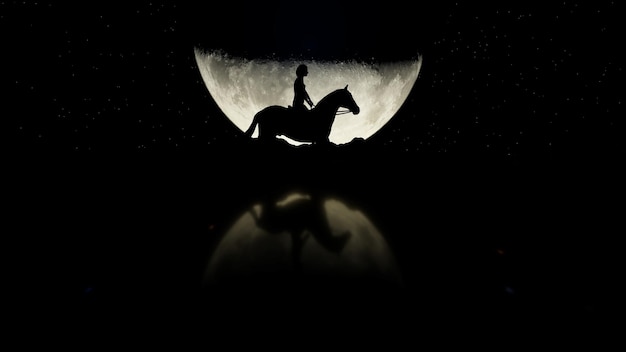 Photo a rider on a horse against the background of a full moon with a mirror image