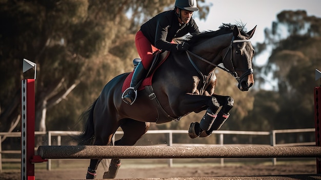 A rider on a horse jumps over a wooden fence.