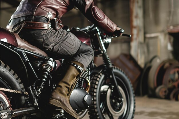 Photo rider in leather gear mounting a motorcycle with focus on wheel