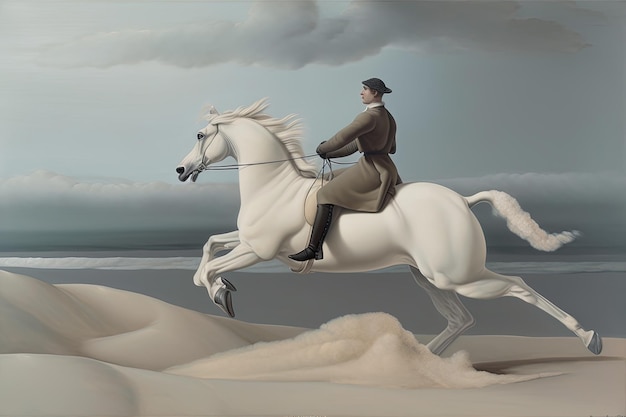 AI 生成の草と砂丘のある海辺で全力疾走する壮大な白い馬に乗るライダー