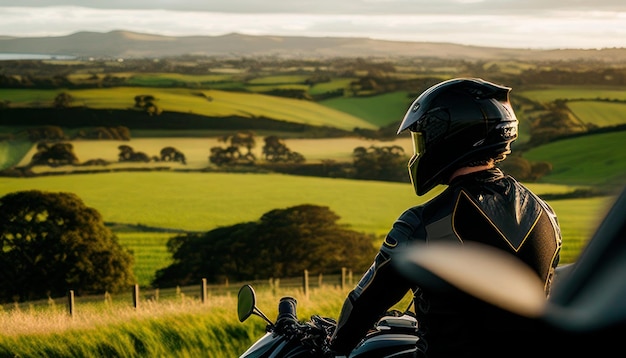 Photo a rider on a motorcycle looks out over a green landscape